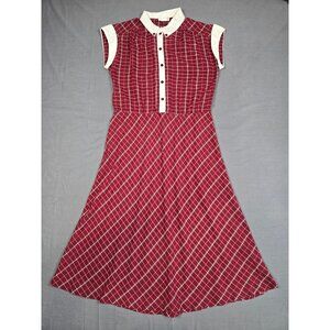 Vintage PBJ 70s Burgundy & White Plaid Dress White Collar Cap Sleeves Small